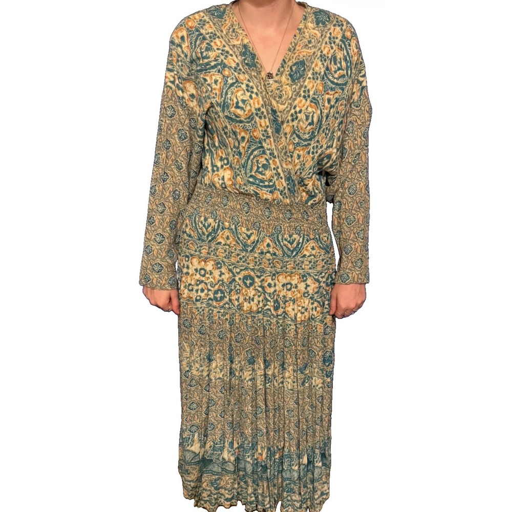Carole Little Vintage Teal Tan Paisley Floral Smocked Maxi Dress Long Sleeve